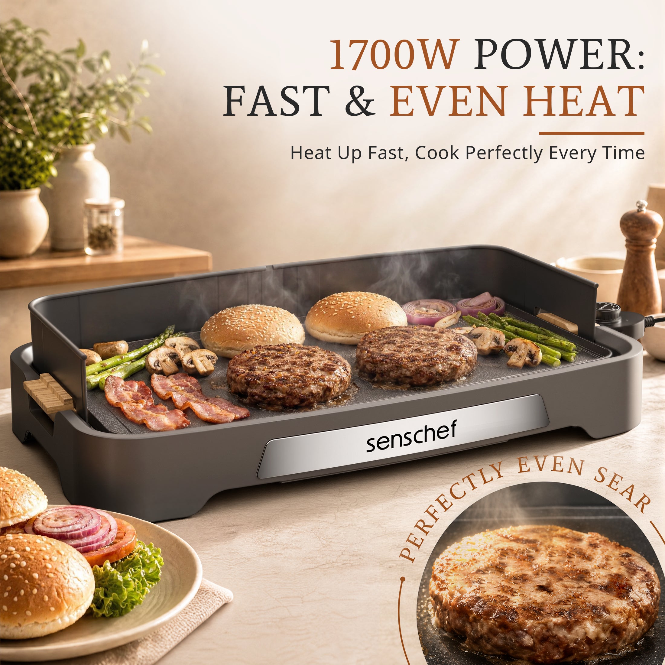 SENSCHEF 20 inch Electric Griddle, 1700W Rapid Heating, Foldable Anti-Mess Shield, ILAG Nonstick, Dishwasher Safe