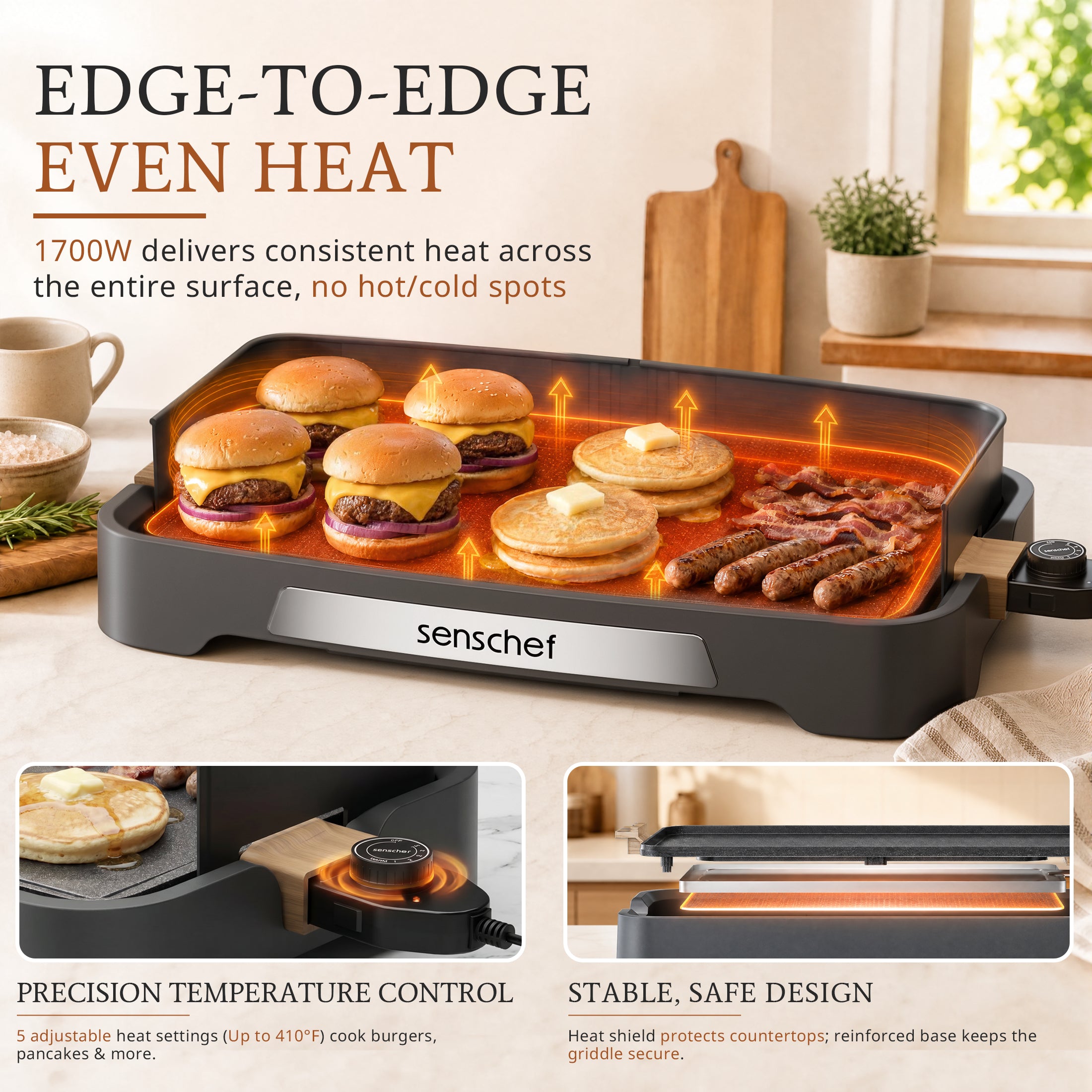 SENSCHEF 20 inch Electric Griddle, 1700W Rapid Heating, Foldable Anti-Mess Shield, ILAG Nonstick, Dishwasher Safe