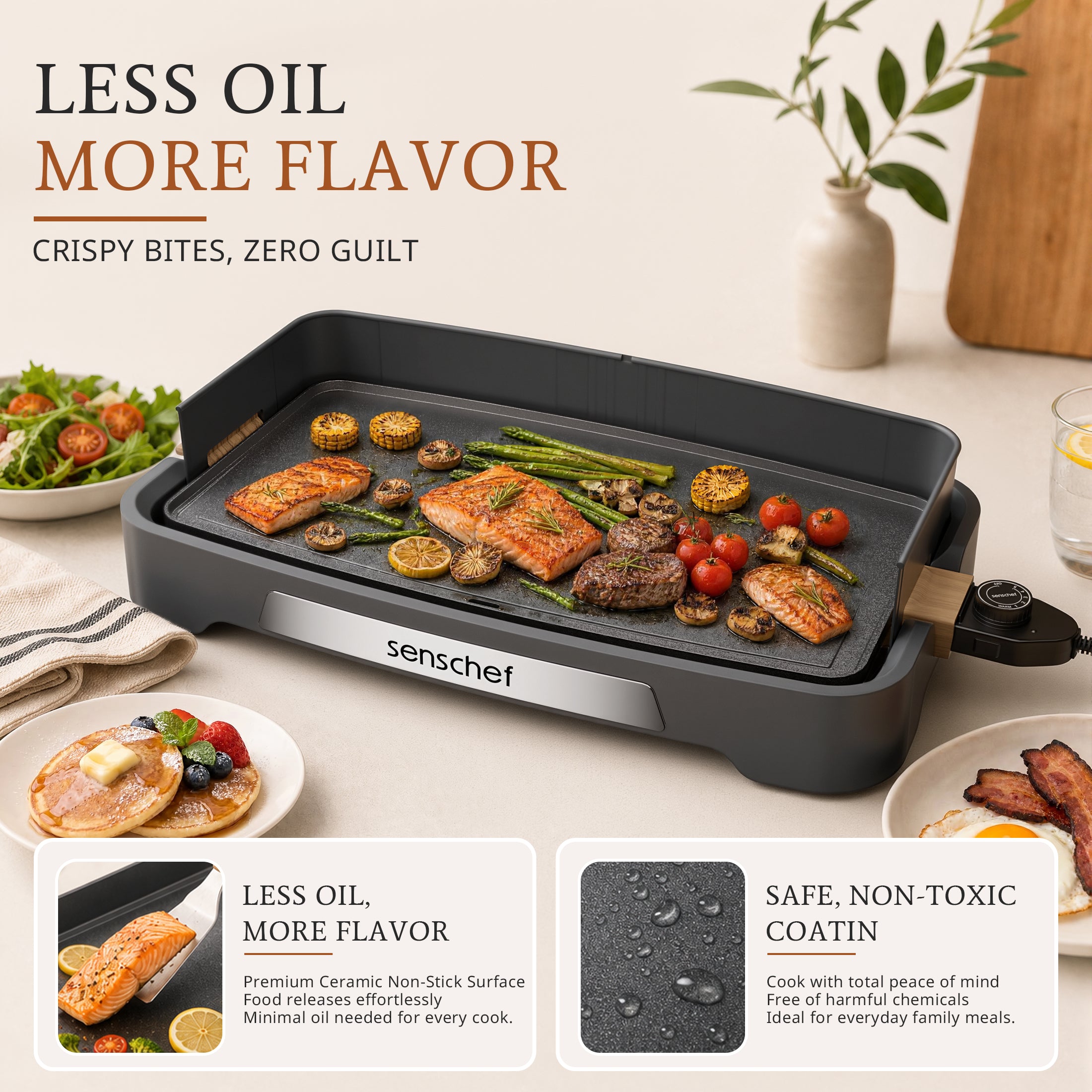 SENSCHEF 20 inch Electric Griddle, 1700W Rapid Heating, Foldable Anti-Mess Shield, ILAG Nonstick, Dishwasher Safe