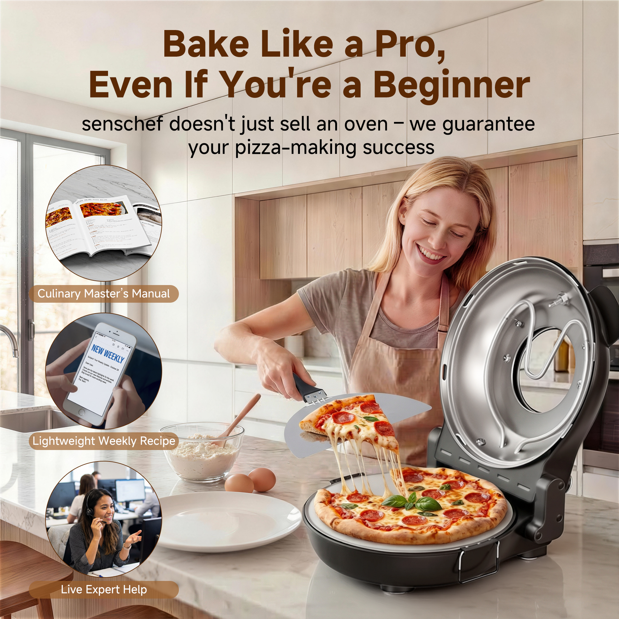 SENSCHEF 12 Inch CrustyBake Electric Pizza Oven – 800°F Indoor Countertop Cooker, Dual Heat Control, 5-Min Pizzeria Pizza, Tools & Recipe Book Included, Ceramic Stone for Crispy Crust