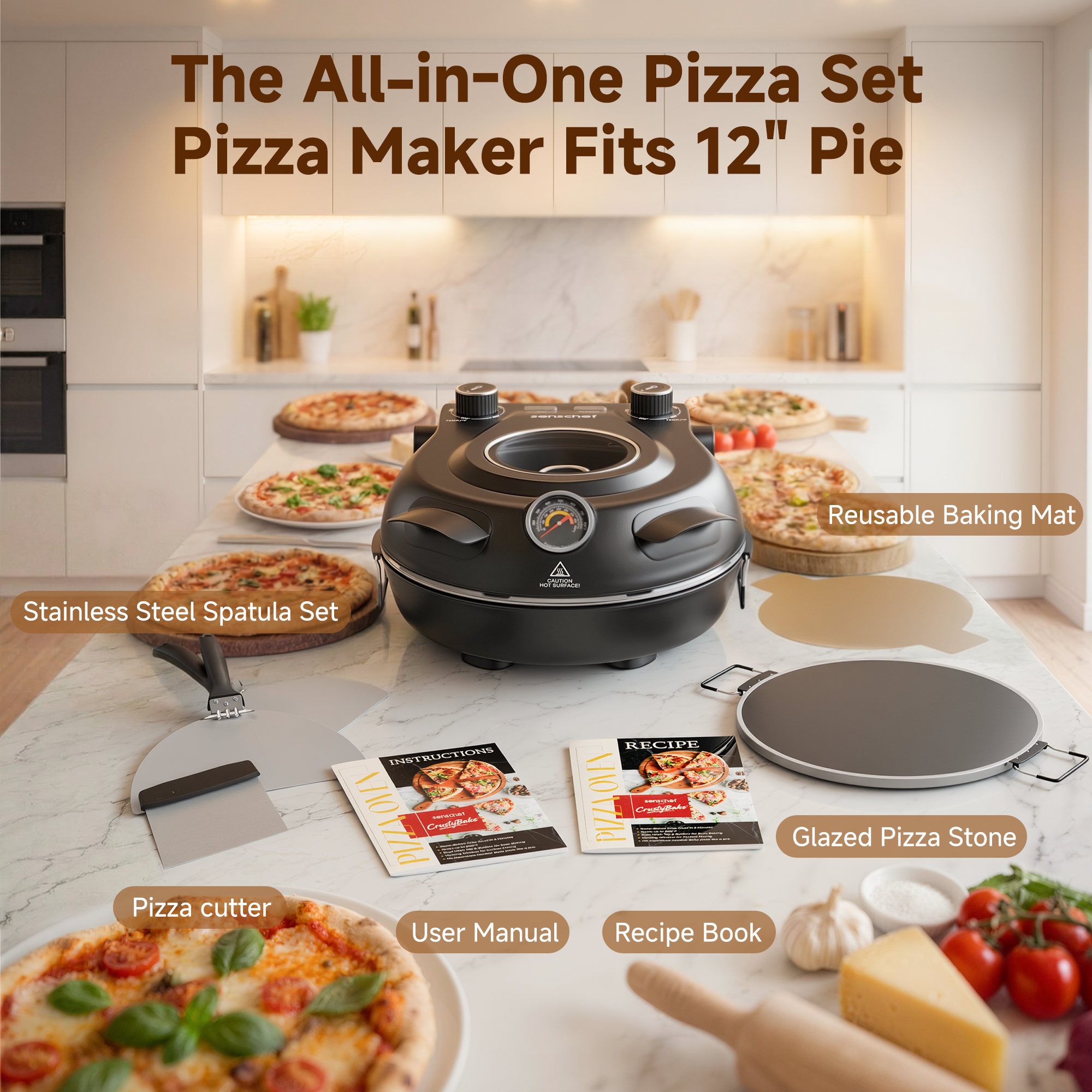 SENSCHEF 12 Inch Crusty Bake Electric Pizza Oven – 800°F Indoor Countertop Cooker, Dual Heat Control, 5-Min Pizzeria Pizza, Tools & Recipe Book Included, Glazed Stone for Crispy Crust