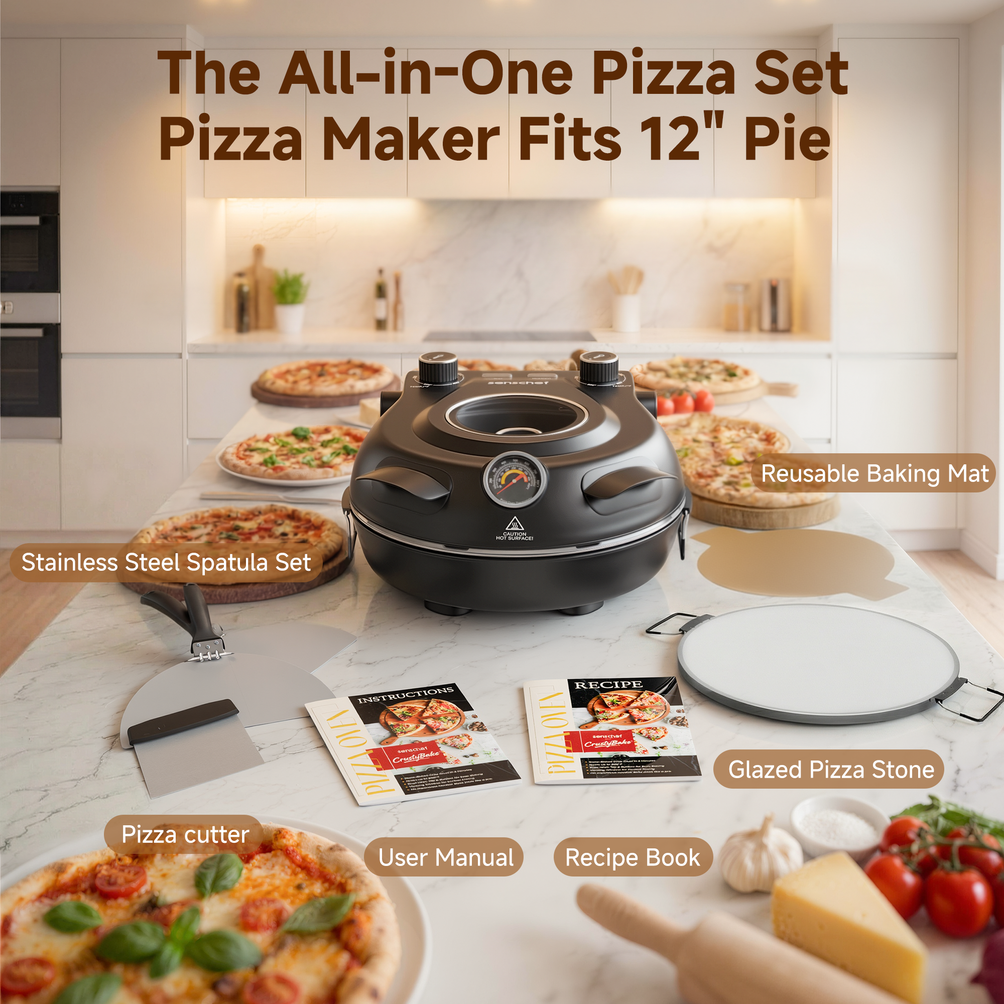 SENSCHEF 12 Inch CrustyBake Electric Pizza Oven – 800°F Indoor Countertop Cooker, Dual Heat Control, 5-Min Pizzeria Pizza, Tools & Recipe Book Included, Ceramic Stone for Crispy Crust