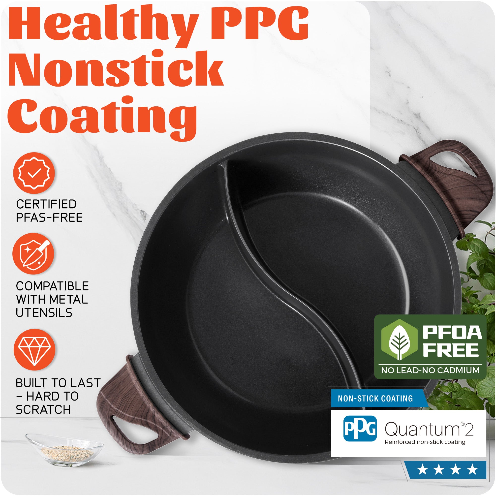 SENSCHEF Electric Hot Pot with Divider | PFAS-Free Ceramic Nonstick Pot | EvenHeat Cast Aluminum Body | 1500W Fast Heating | Dual-Flavor Shabu Shabu Pots for Family Use | 1-Yr Warranty